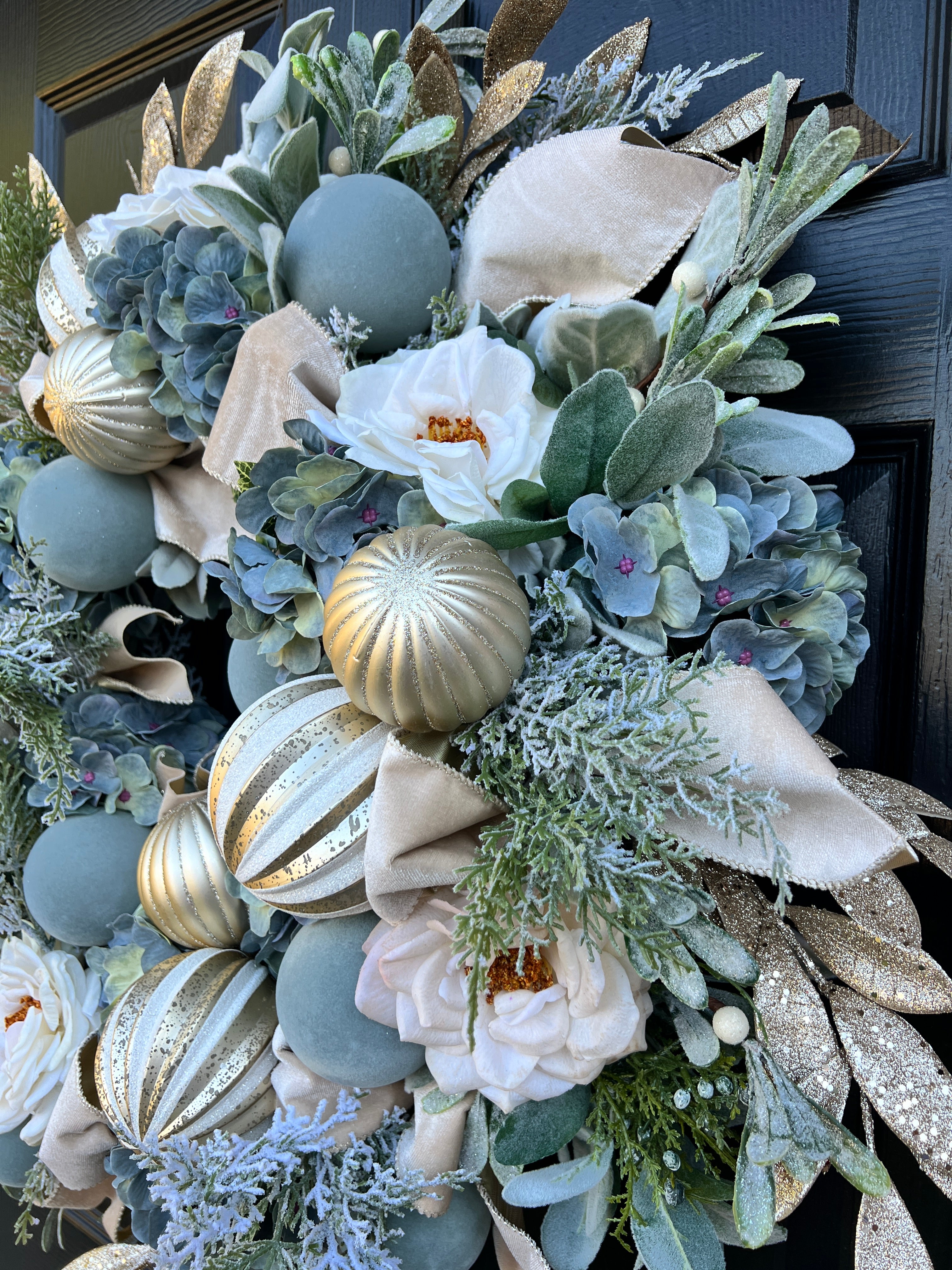 Luxe blue and cream Christmas wreath with optional Alabaster silk monogrammed wreath sash