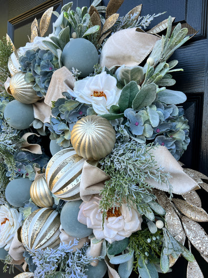 Luxe blue and cream Christmas wreath with optional Alabaster silk monogrammed wreath sash