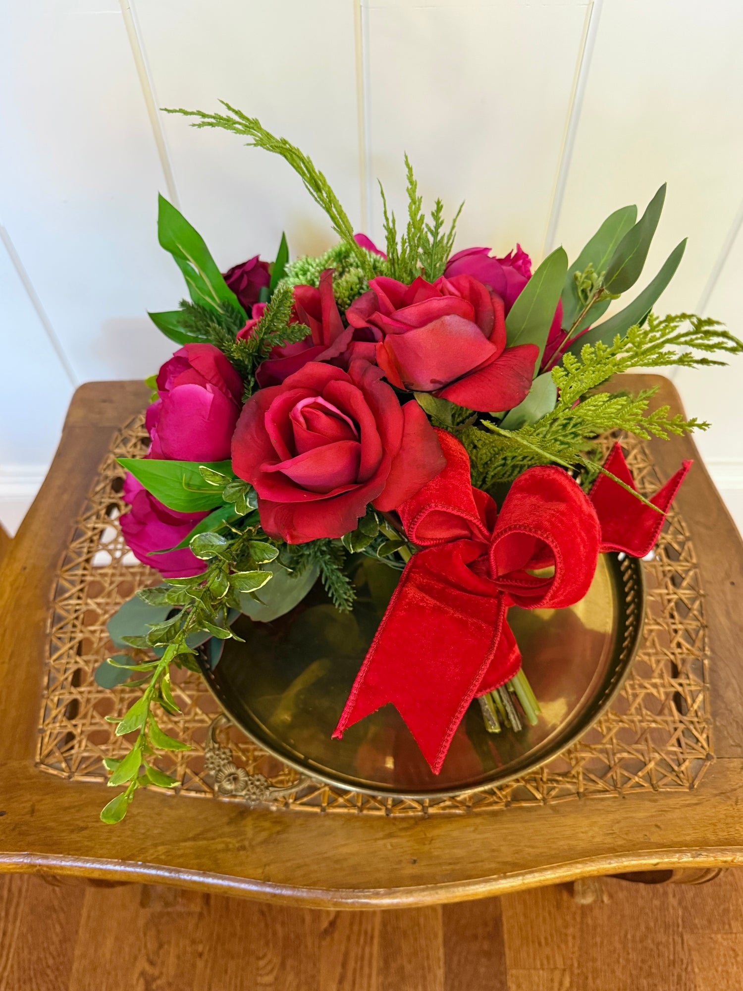Fuchsia, magenta, and red winter faux floral drop-in bouquet