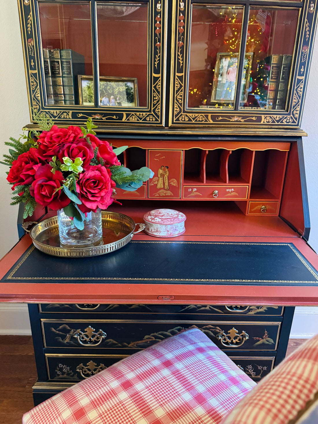 Red roses and cedar faux floral drop-in bouquet