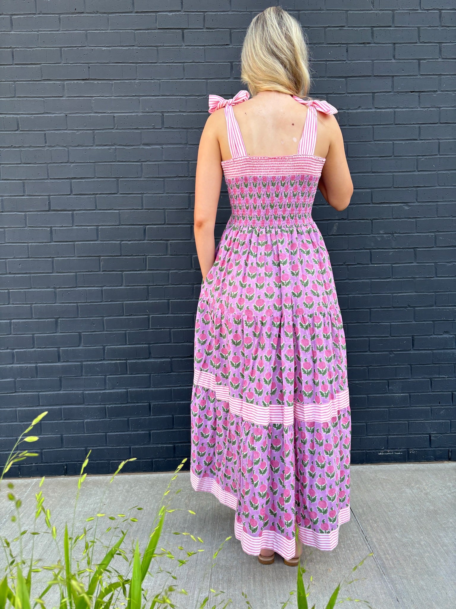 Maisie Maxi Dress in Pink Posey block print