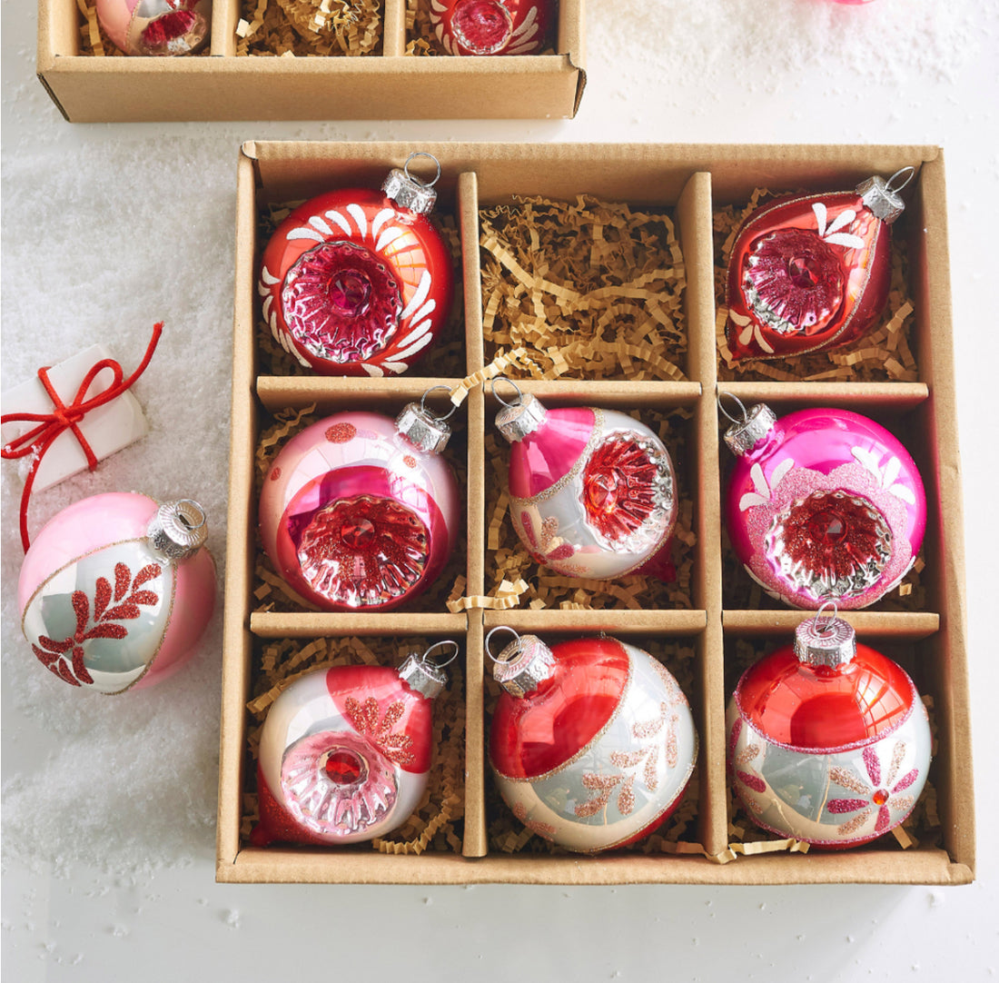 Vintage style pink glass ornaments set of 6