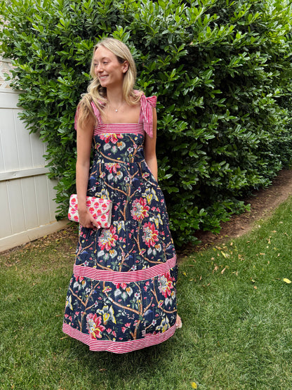 Maisie Maxi Dress in Navy English Floral block print – Grace Harris Collection