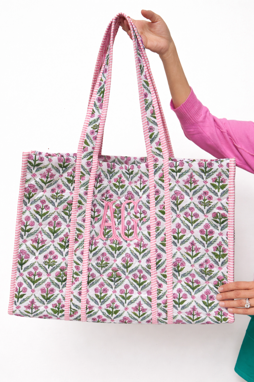 Pink and green quilted block print oversized tote bag monogram available