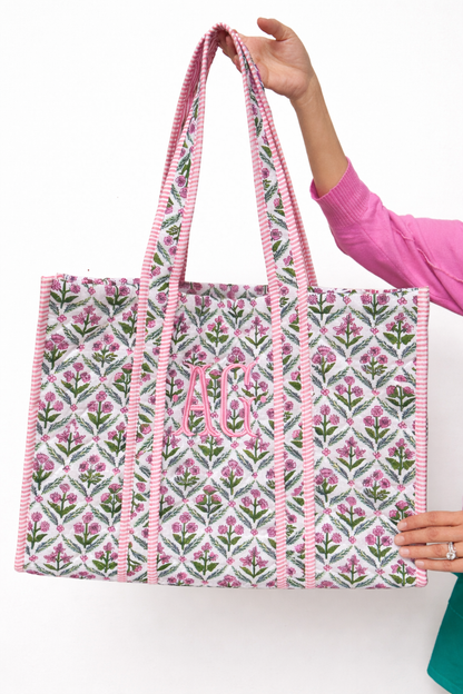 Pink and green quilted block print oversized tote bag monogram available