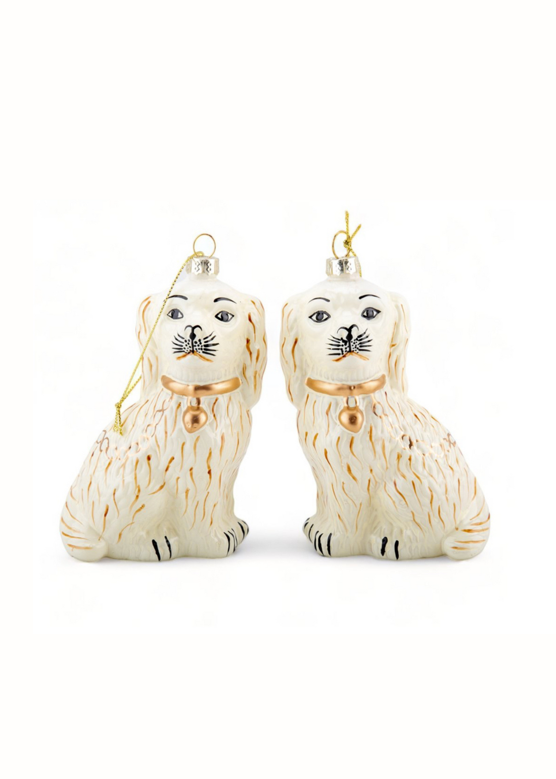 Glass Staffordshire dog ornament set of two, white and gold