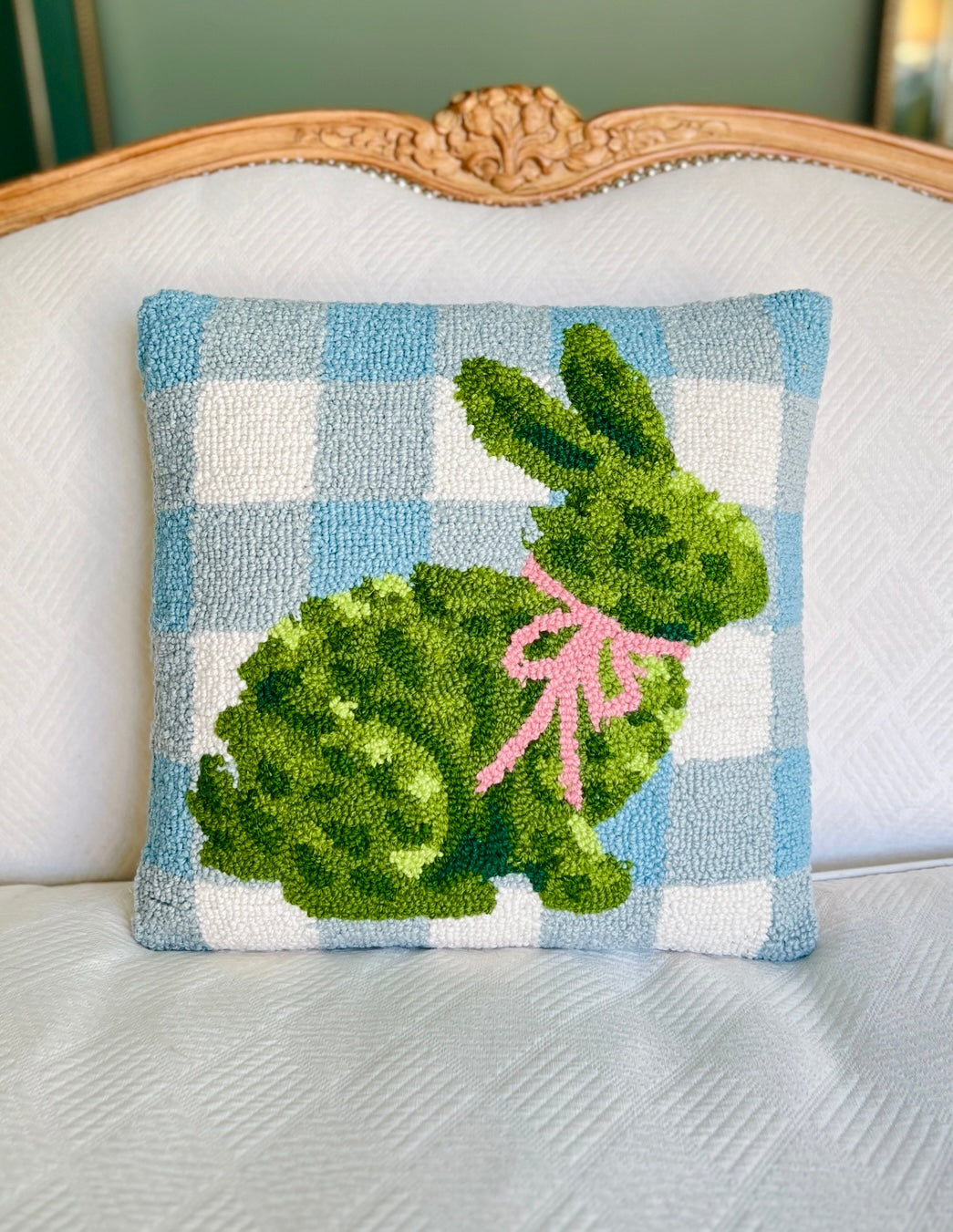 Hand hooked boxwood bunny pillow