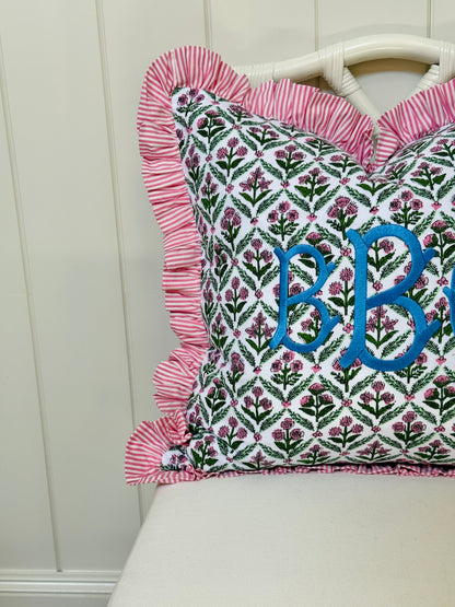 Pink and green floral trellis block print ruffle pillow cover with pink striped ruffle trim