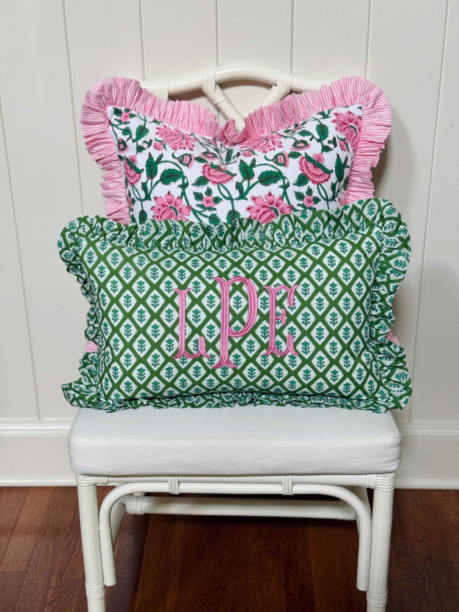 Pink and emerald green vine floral block print pillow cover with pink striped ruffle trim