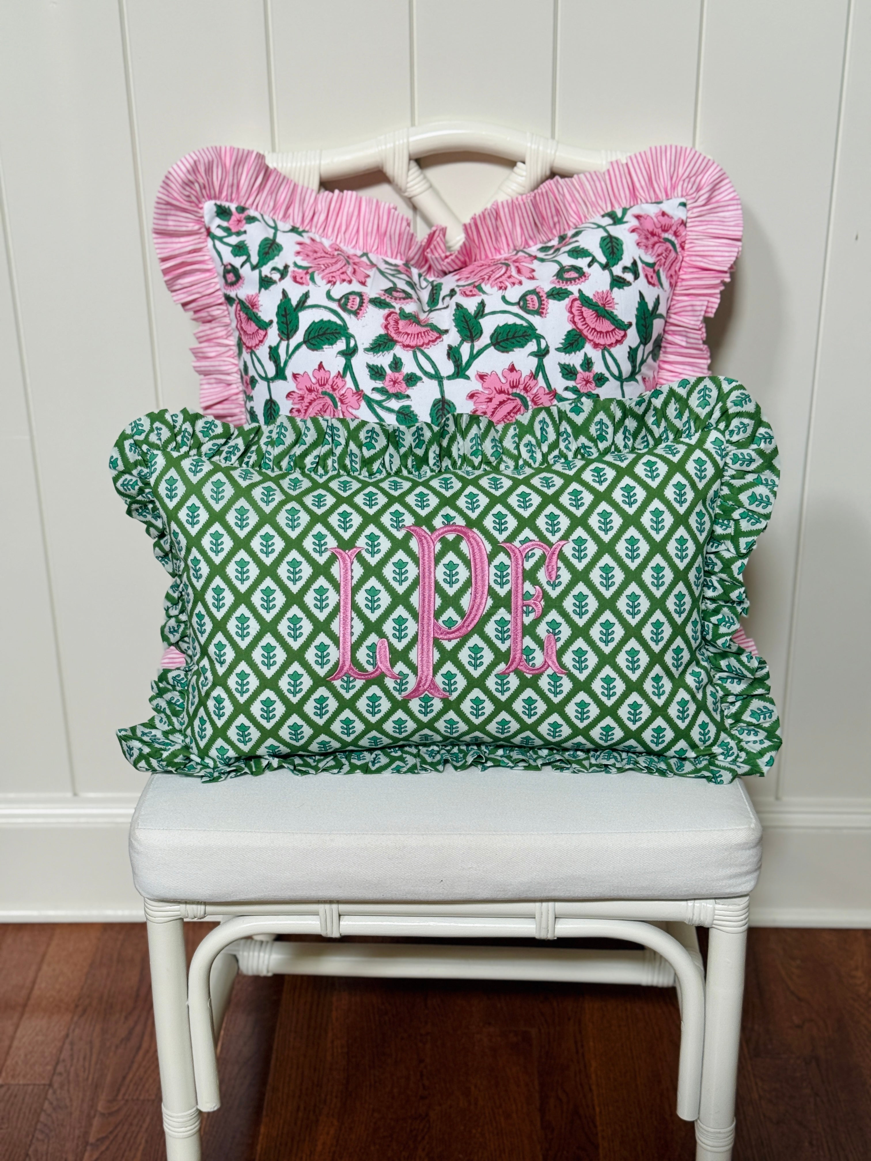 Pink and emerald green vine floral block print pillow cover with pink striped ruffle trim