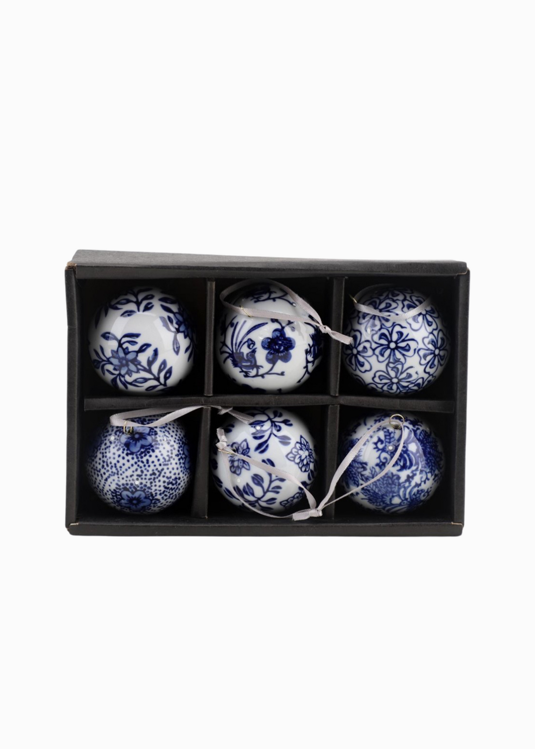 Set of 6 blue and white porcelain ball holiday ornaments