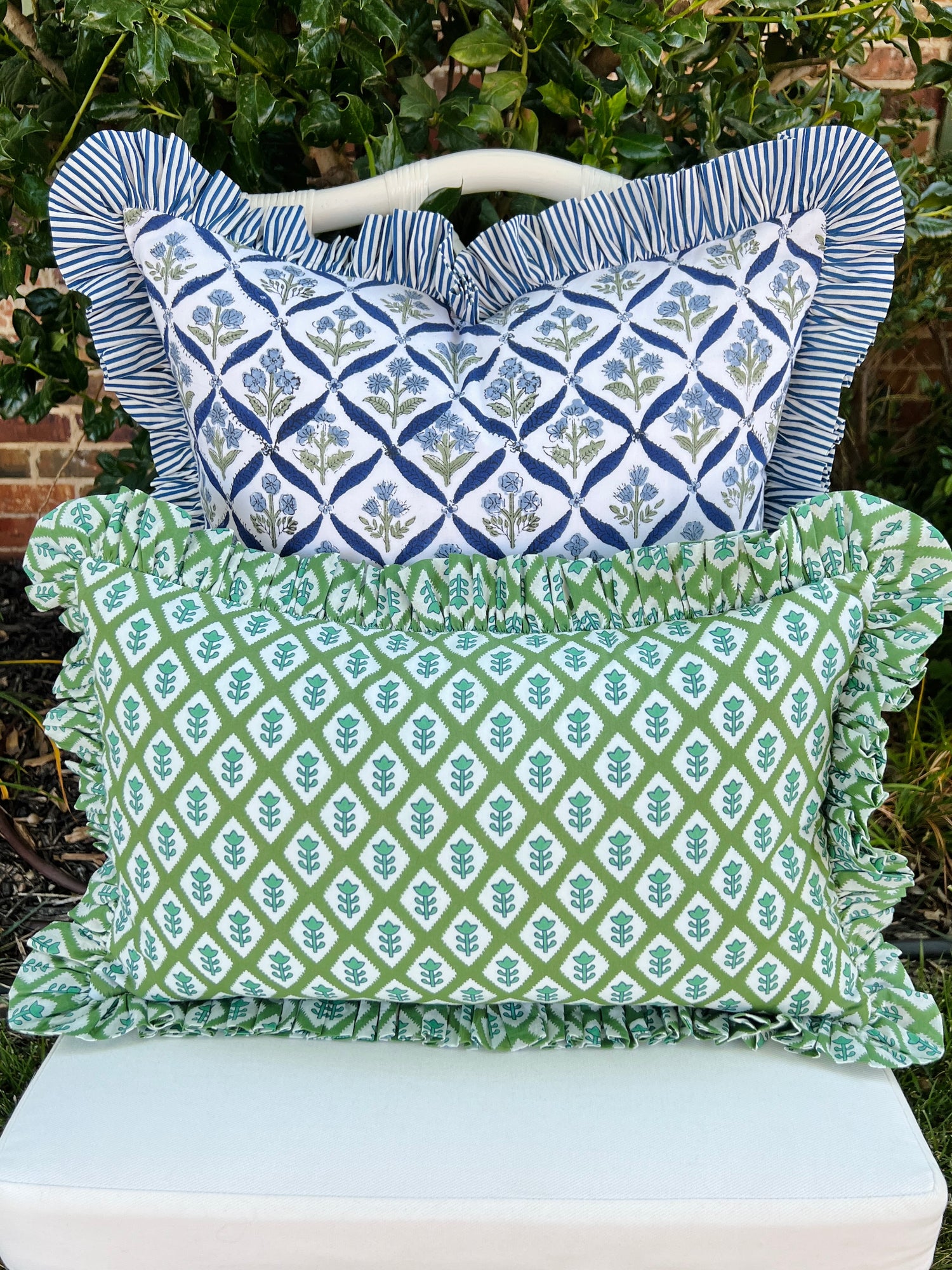 Blue and green floral trellis pillow cover, monogram available