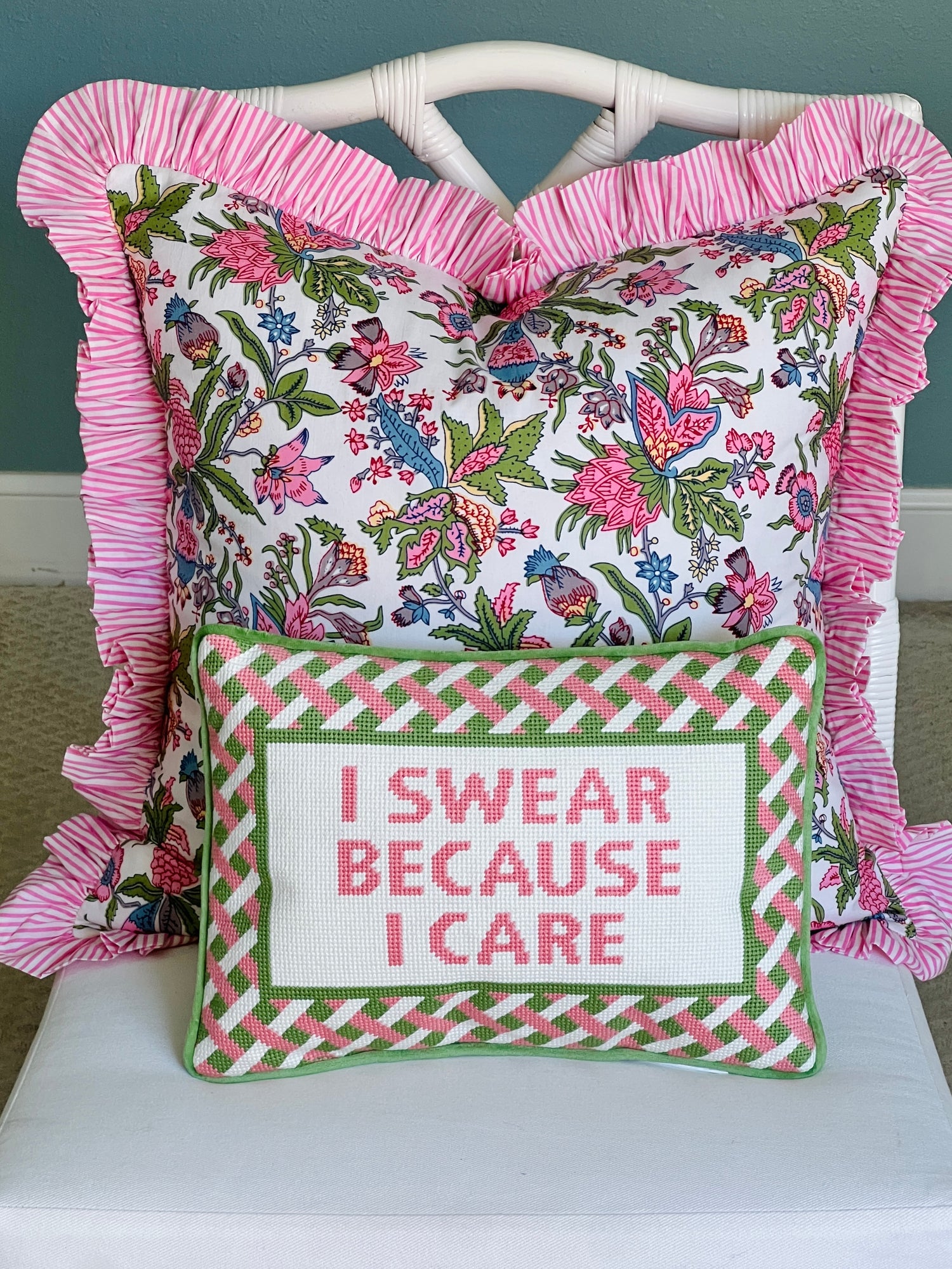 Needlepoint pillow, pink and green “I swear because I care”