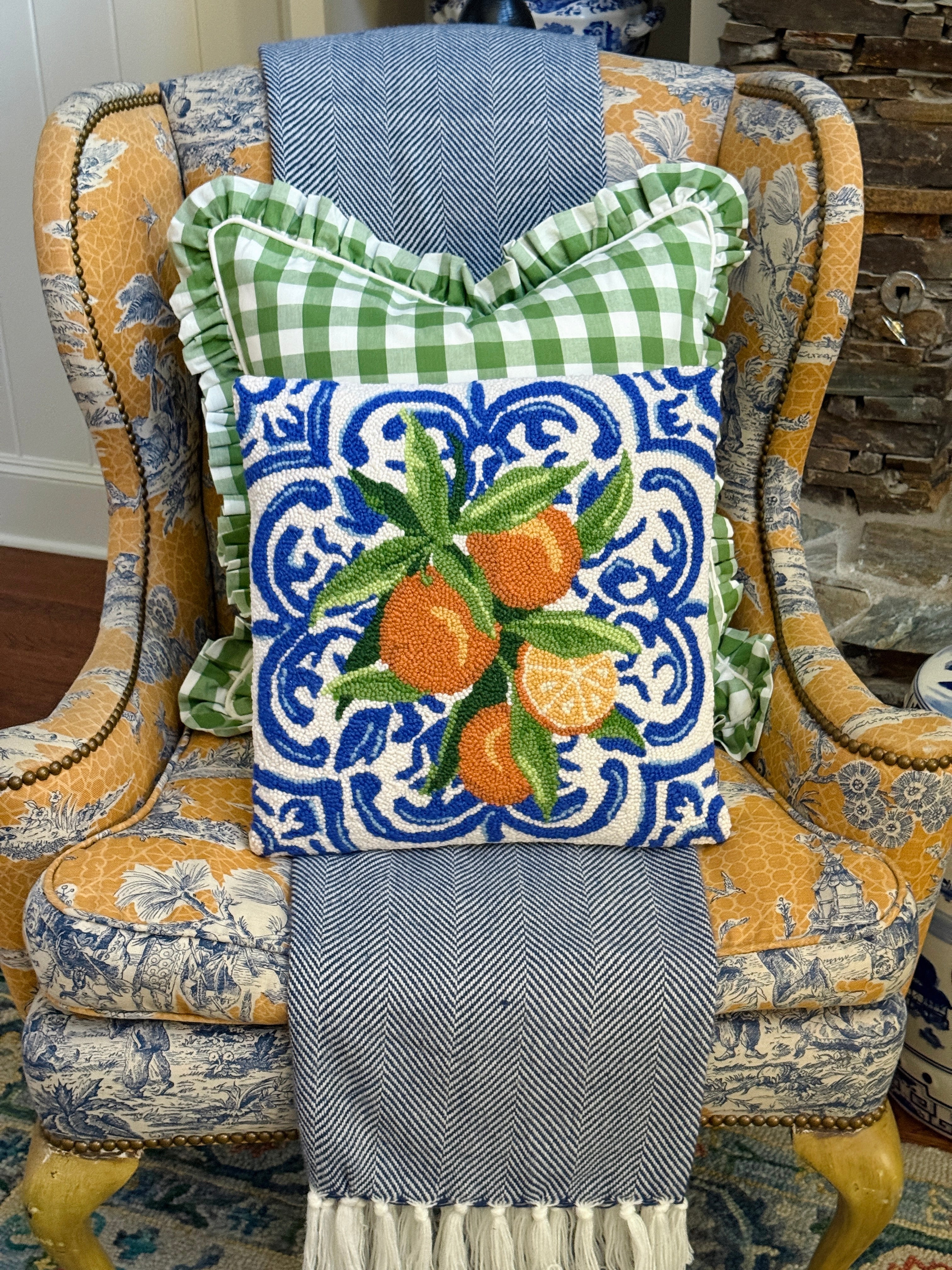 Fern green check pillow cover with ruffle trim, monogram available