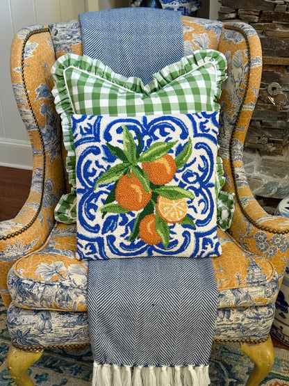 Fern green check pillow cover with ruffle trim, monogram available