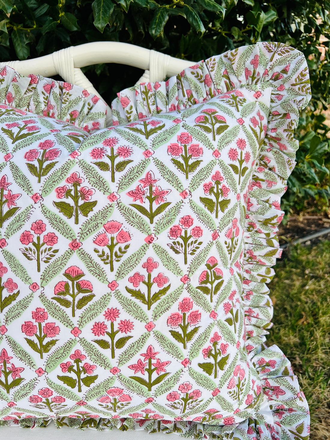 Pink and green floral trellis block print ruffle pillow cover