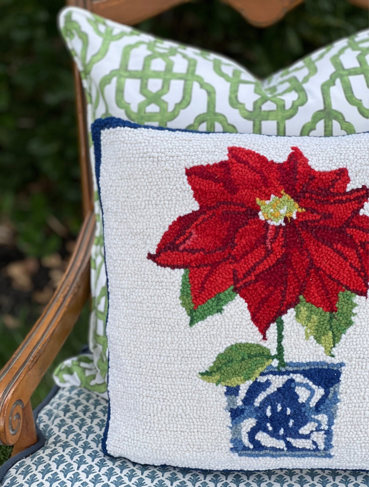 Holiday chinoiserie potted poinsettia hooked wool pillow