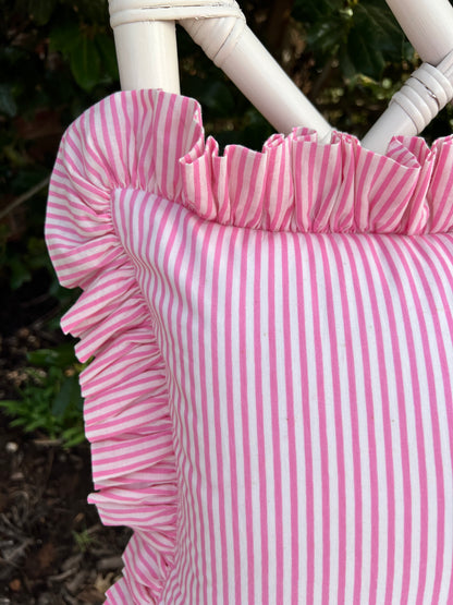 Pink striped ruffle pillow cover