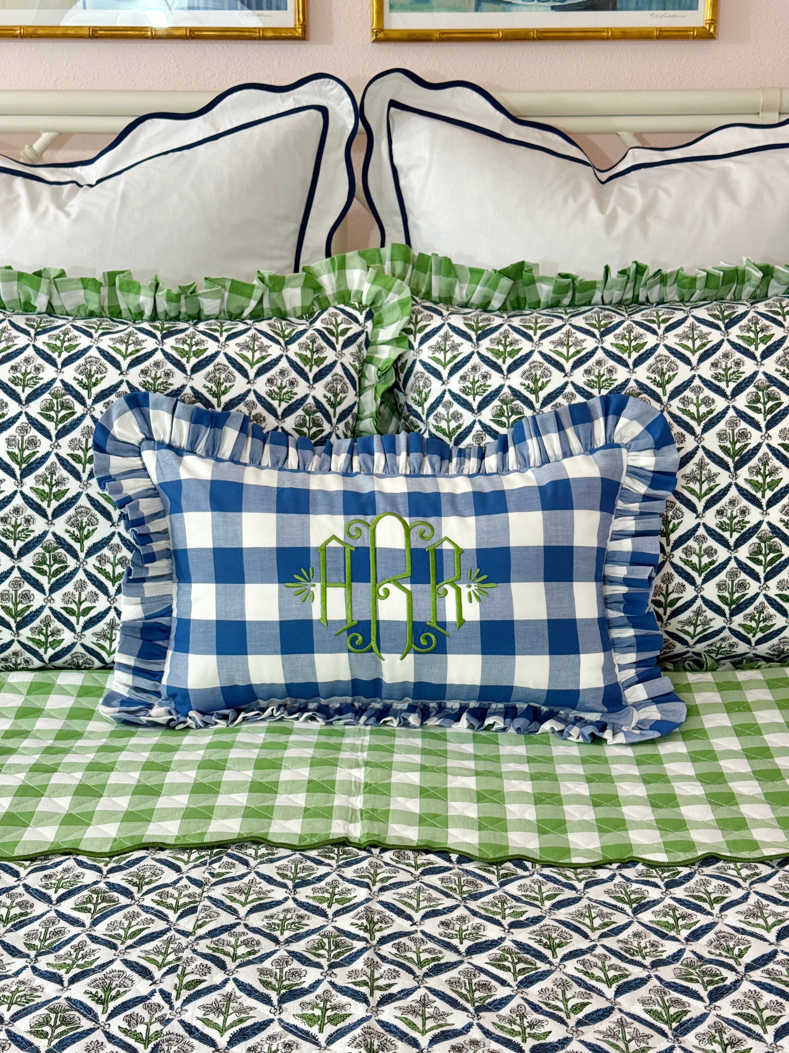 Blue and green floral trellis block print bedding collection