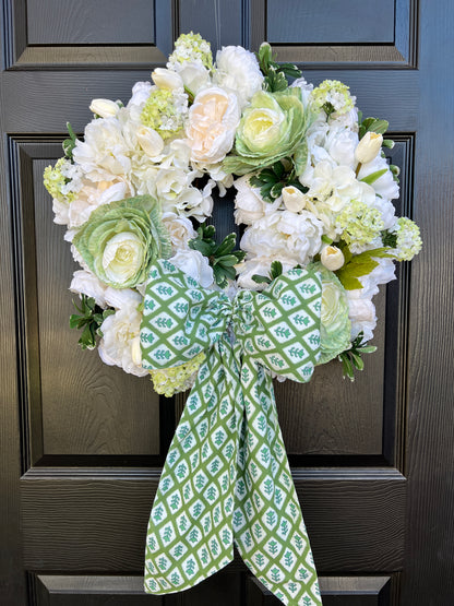 White floral and green cabbage wreath 22”