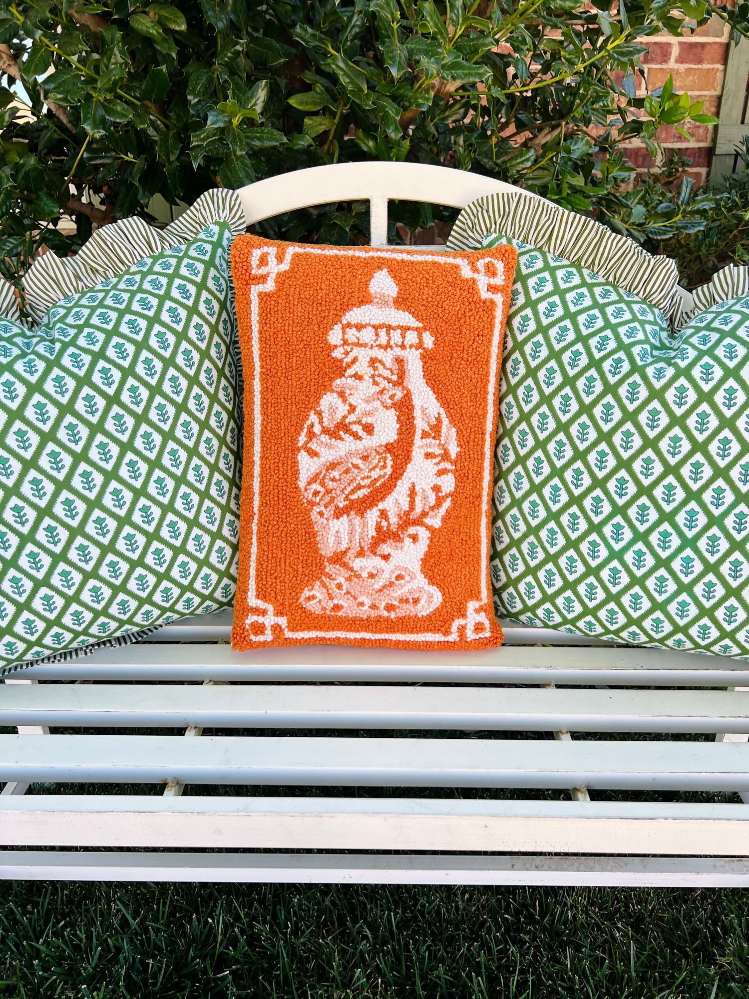 Orange chinoiserie ginger jar hooked pillow