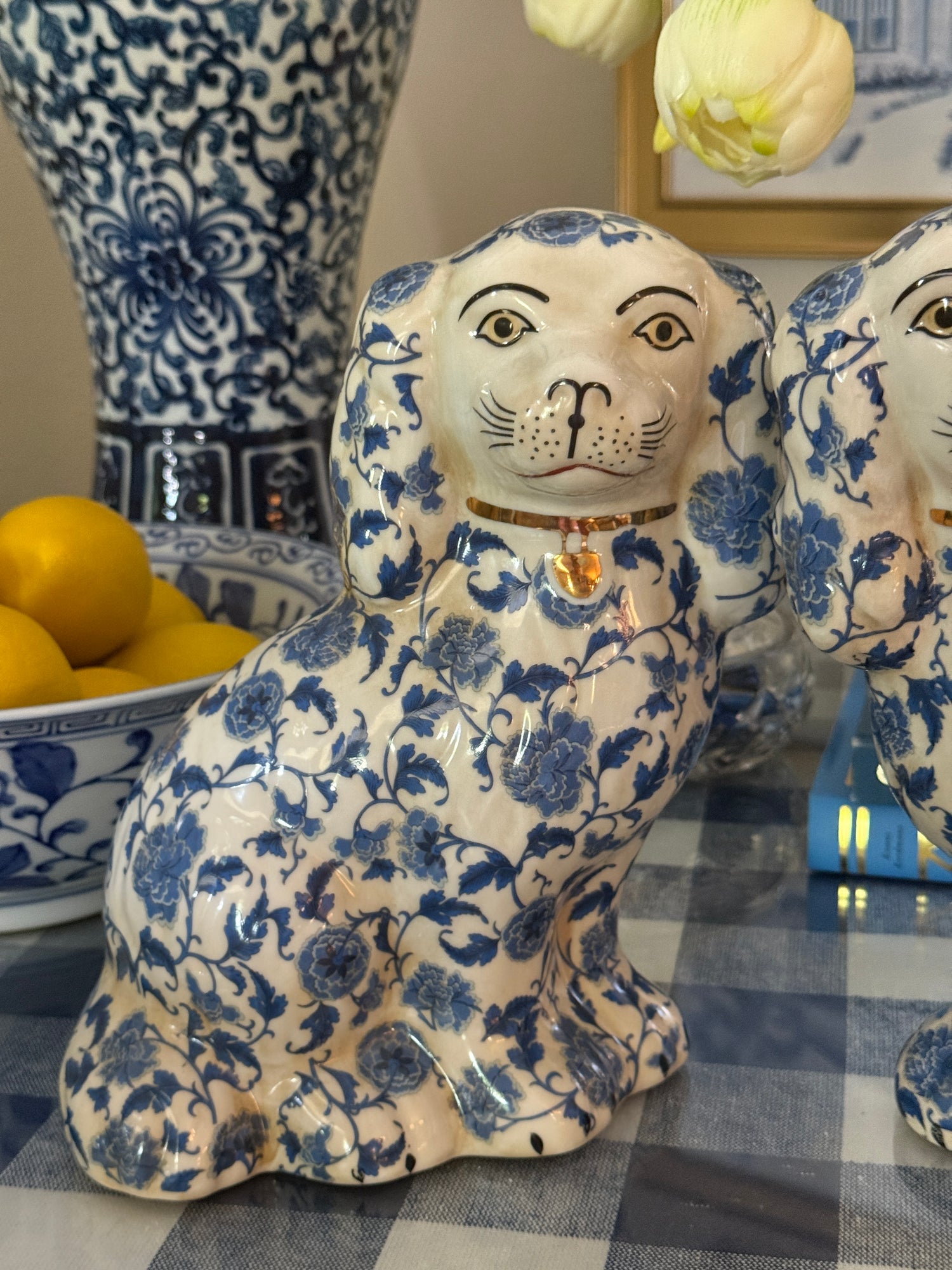 Large blue and white floral Staffordshire dog pair 9” tall