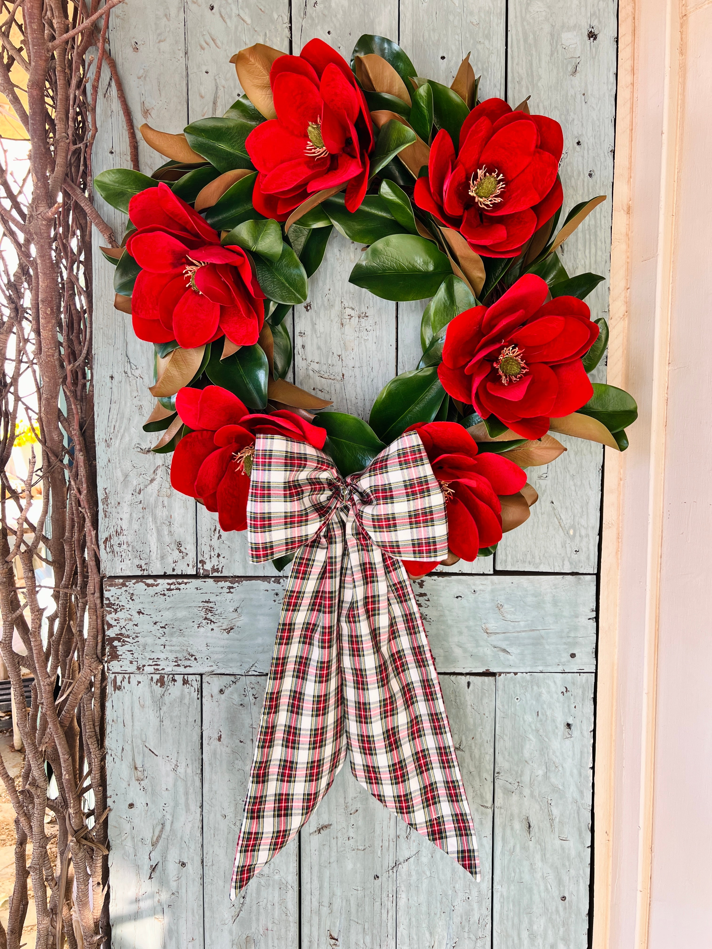 Classic red and white tartan plaid Christmas wreath sash