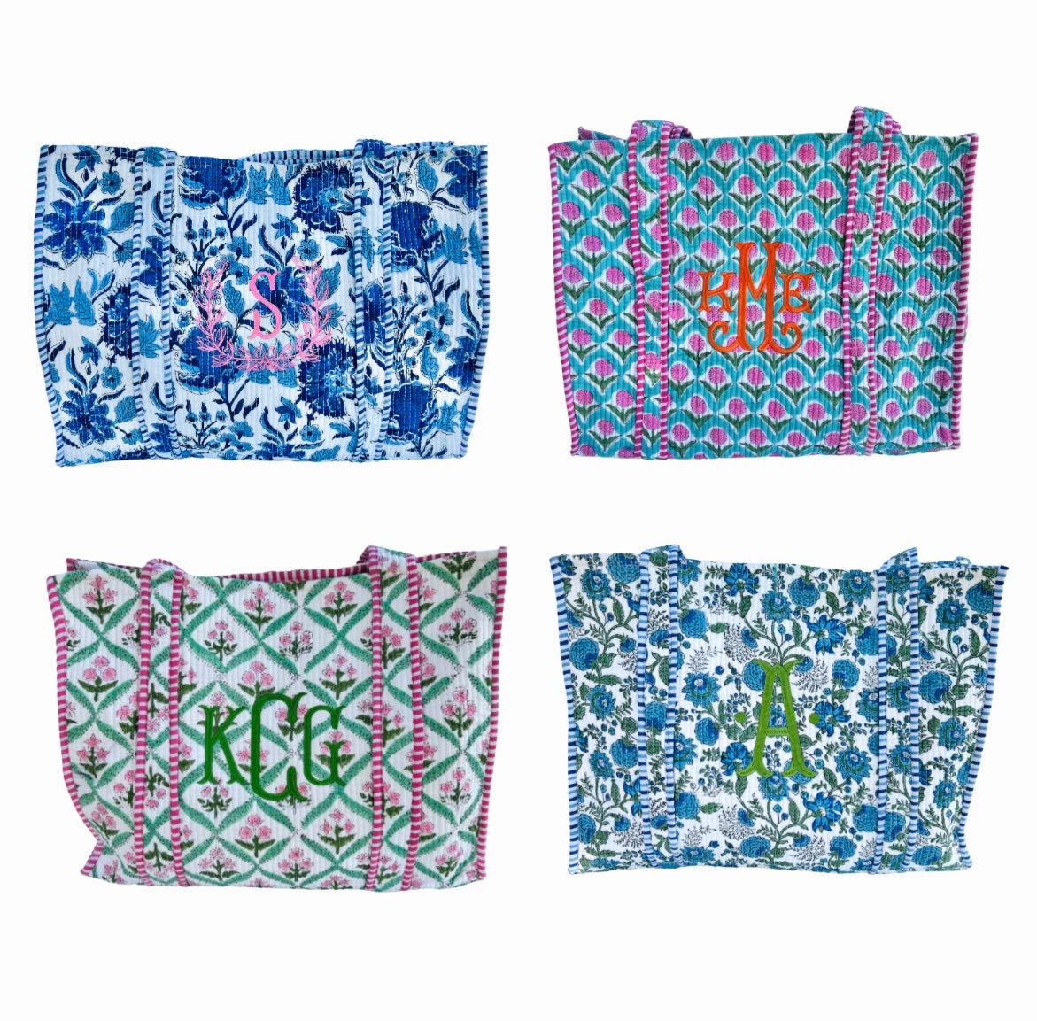 Pink and green quilted block print tote bag monogram available