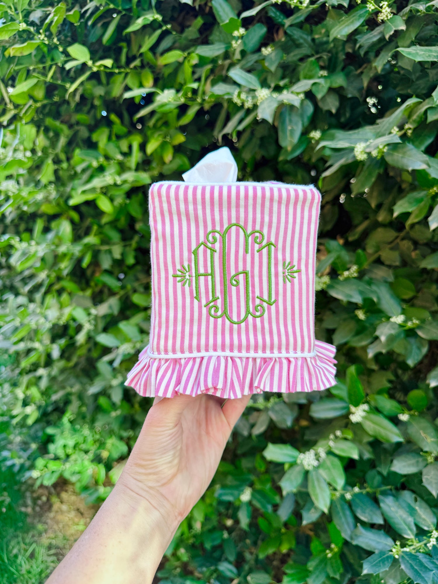 Pink and white stripe ruffle tissue cover, custom monogram available