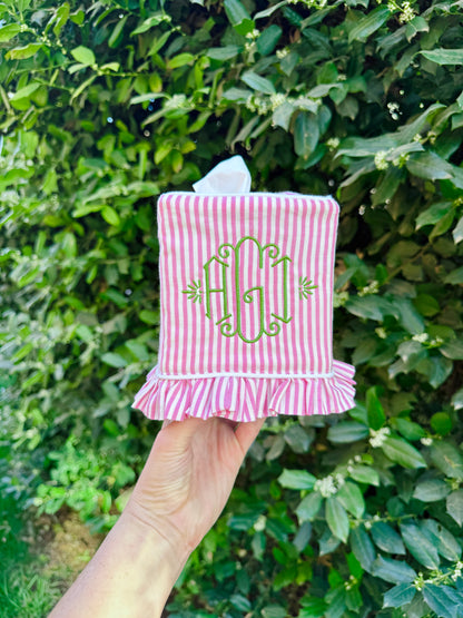 Pink and white stripe ruffle tissue cover, custom monogram available