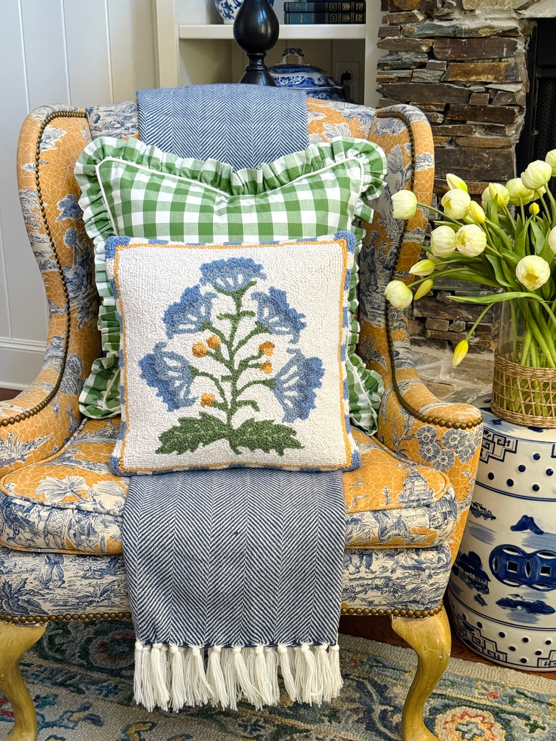 Mughal blue flower hand hooked pillow