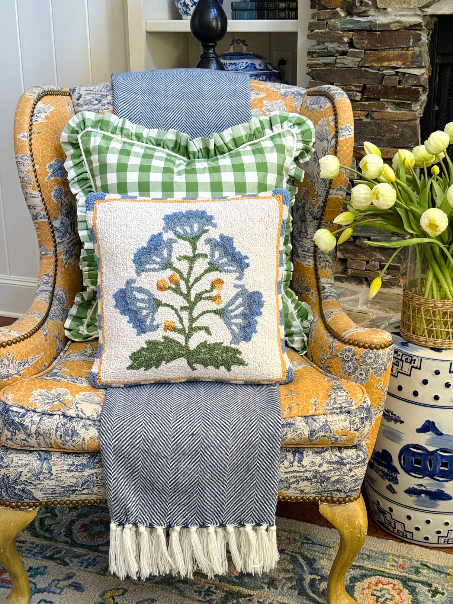 Mughal blue flower hand hooked pillow