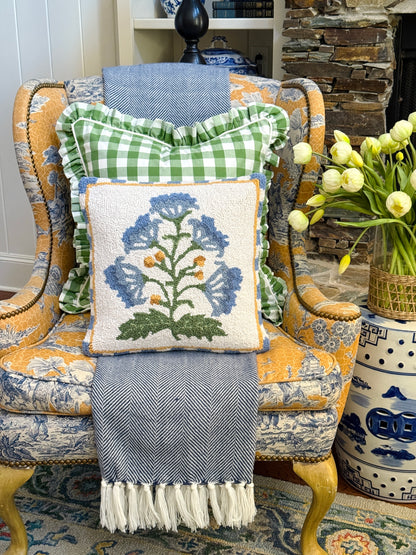 Mughal blue flower hand hooked pillow