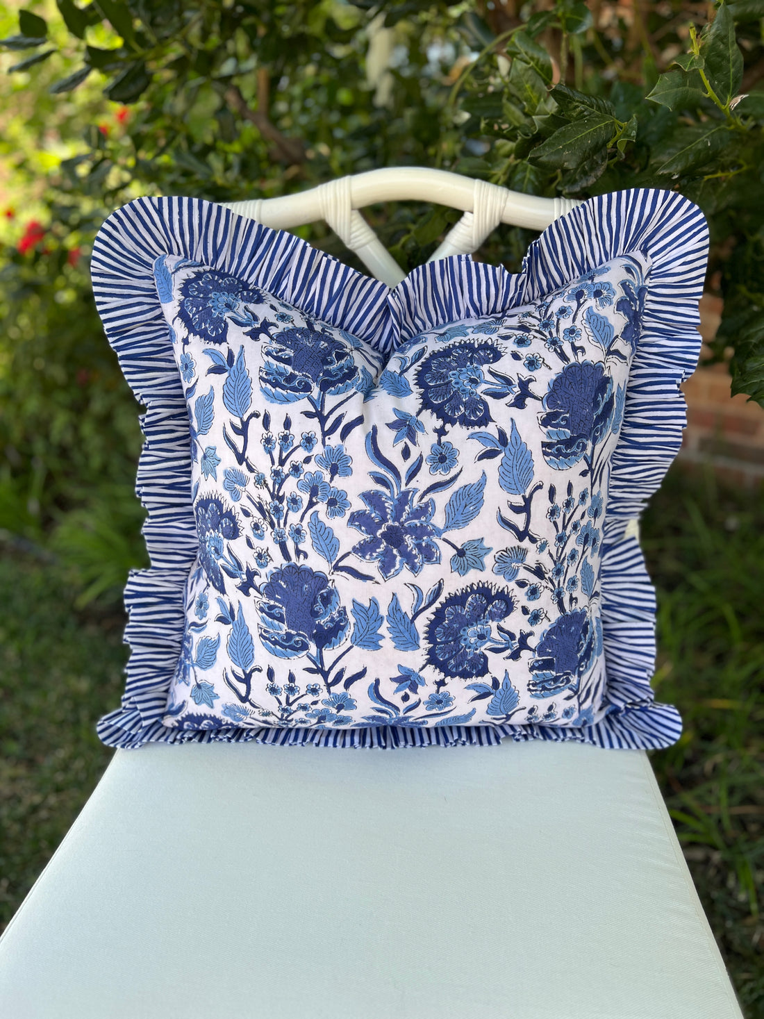 Blue and white block print floral ruffle pillow cover