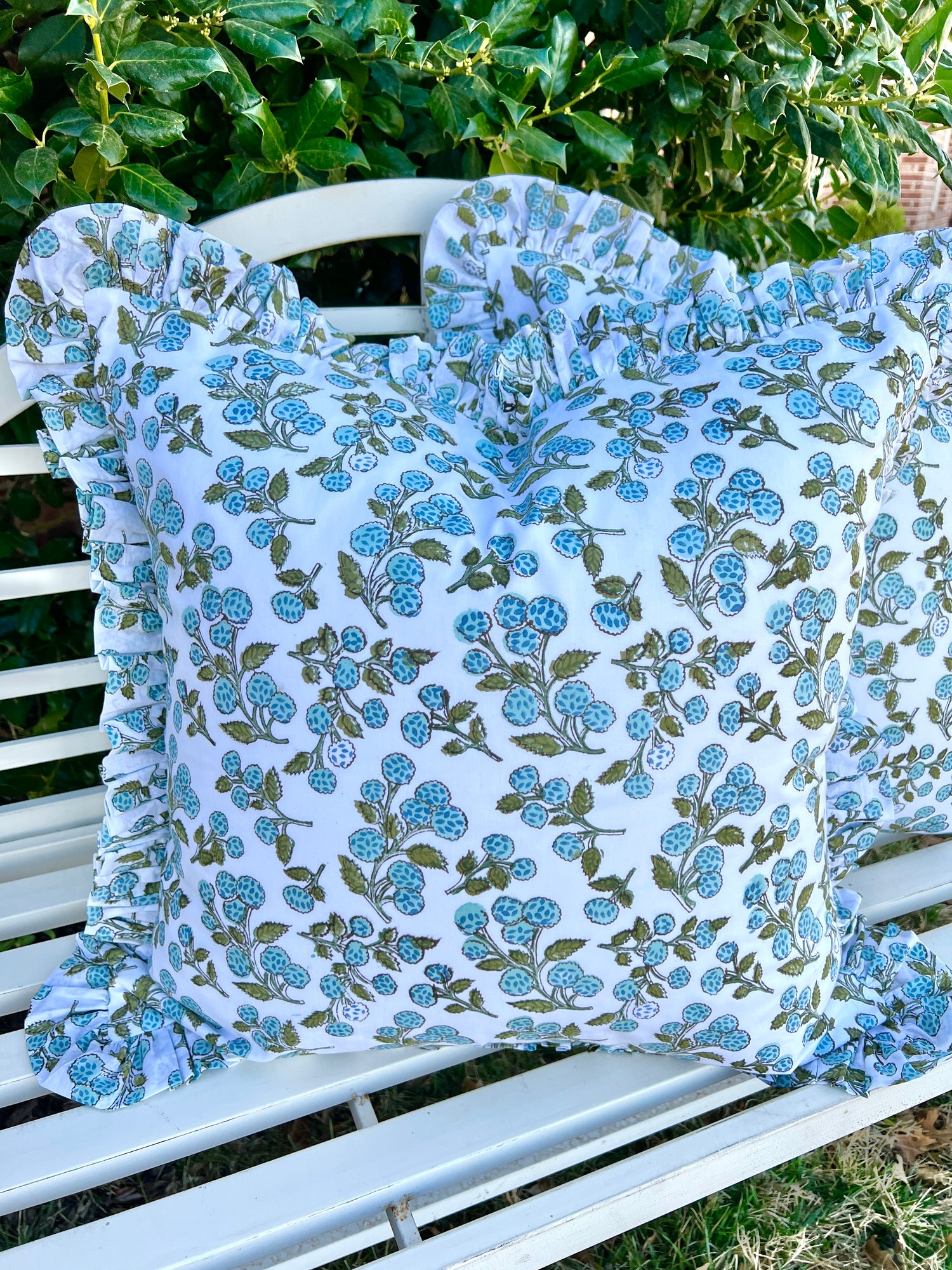 Light blue and green berry block print ruffle pillow cover