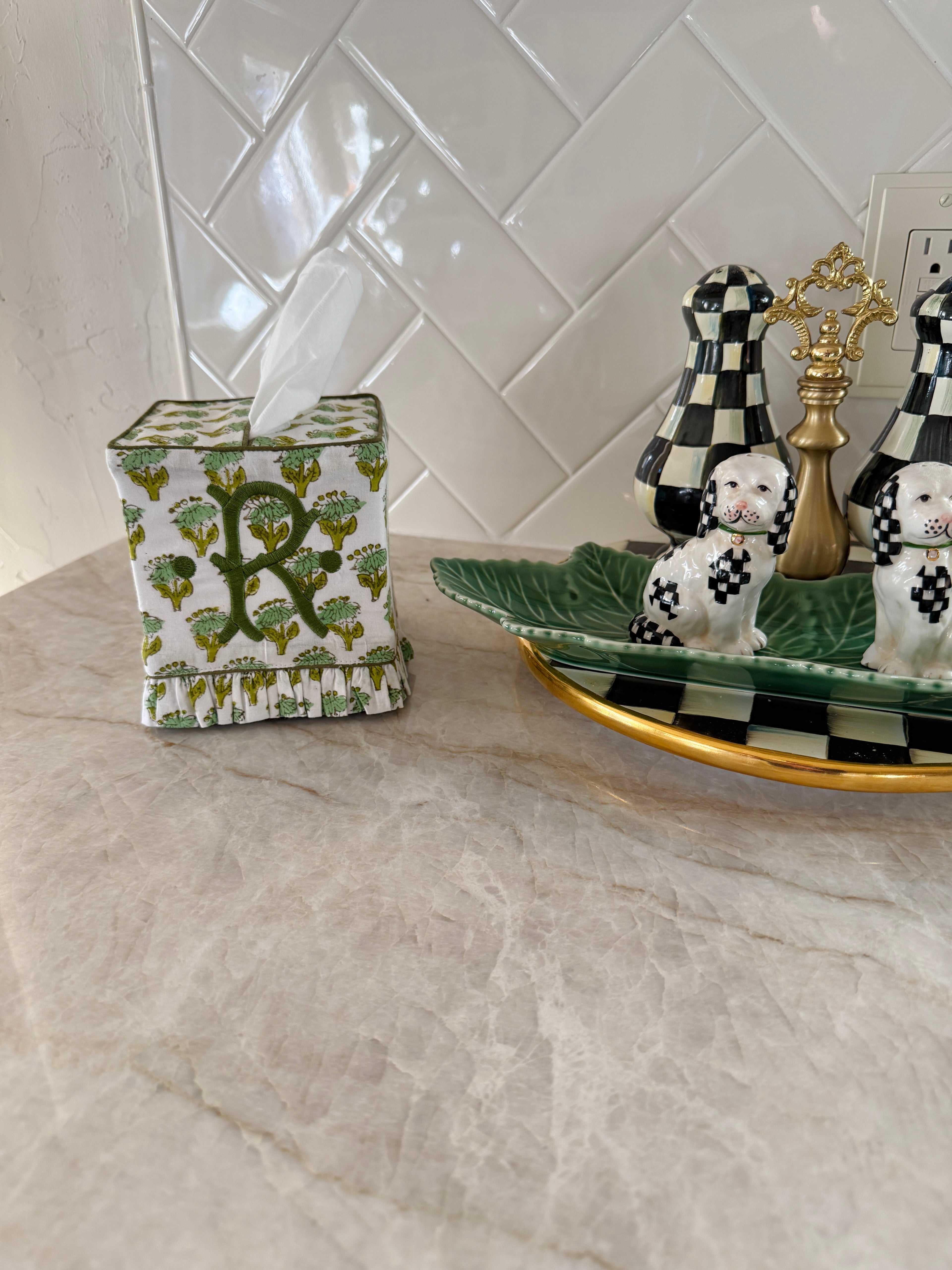 Moss green floral block printed ruffle tissue cover, custom monogram available