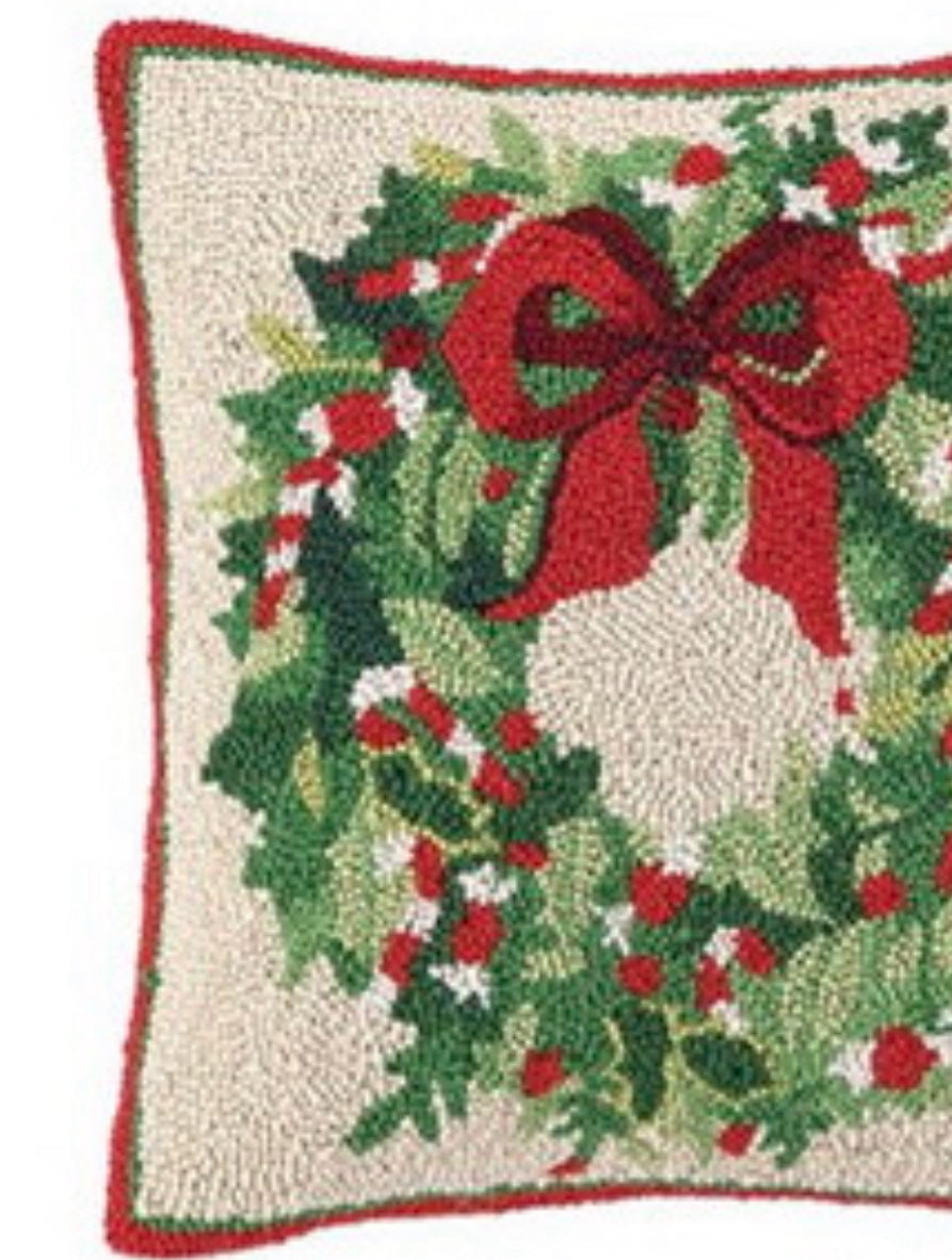 Holiday wreath with bow hand hooked pillow