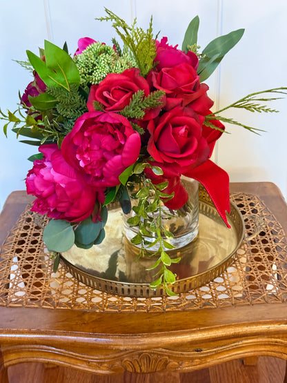 Fuchsia, magenta, and red winter faux floral drop-in bouquet