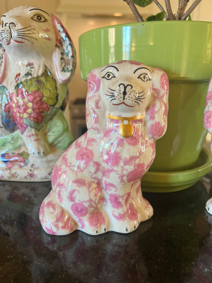 Pink floral Staffordshire dog pair