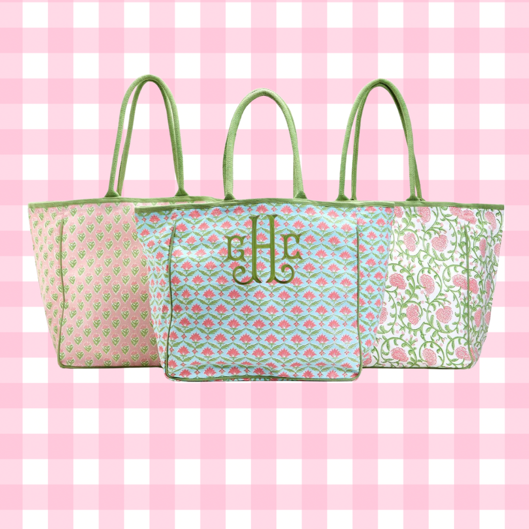 Floral block print tote bag, 3 colors, monogram available