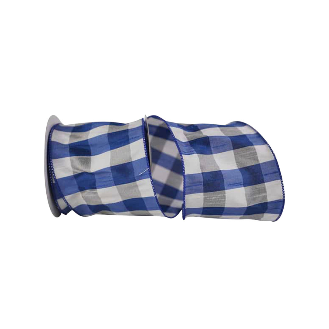 Royal blue check dupioni wired ribbon by the roll