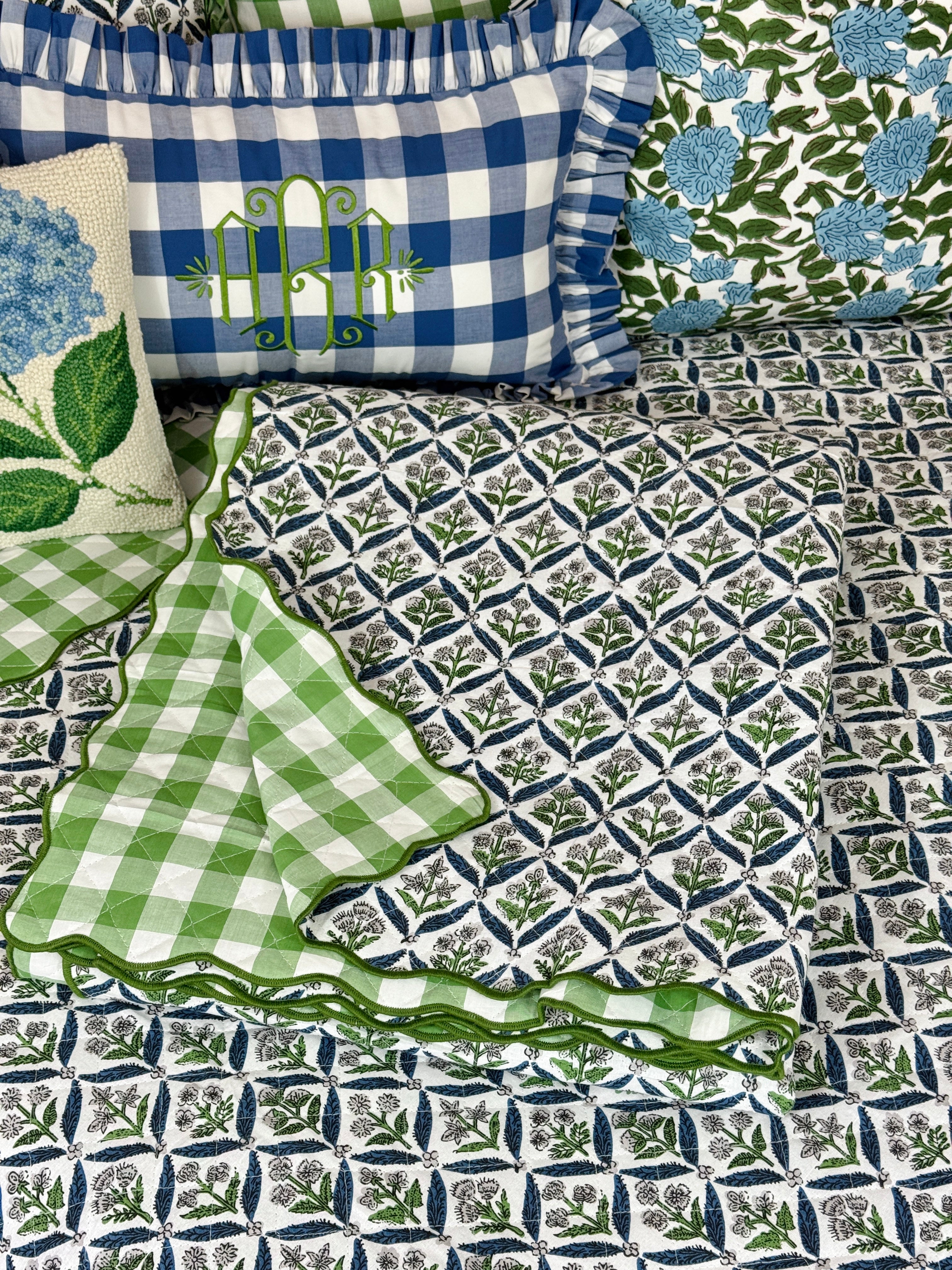 Blue and green floral trellis block print bedding collection