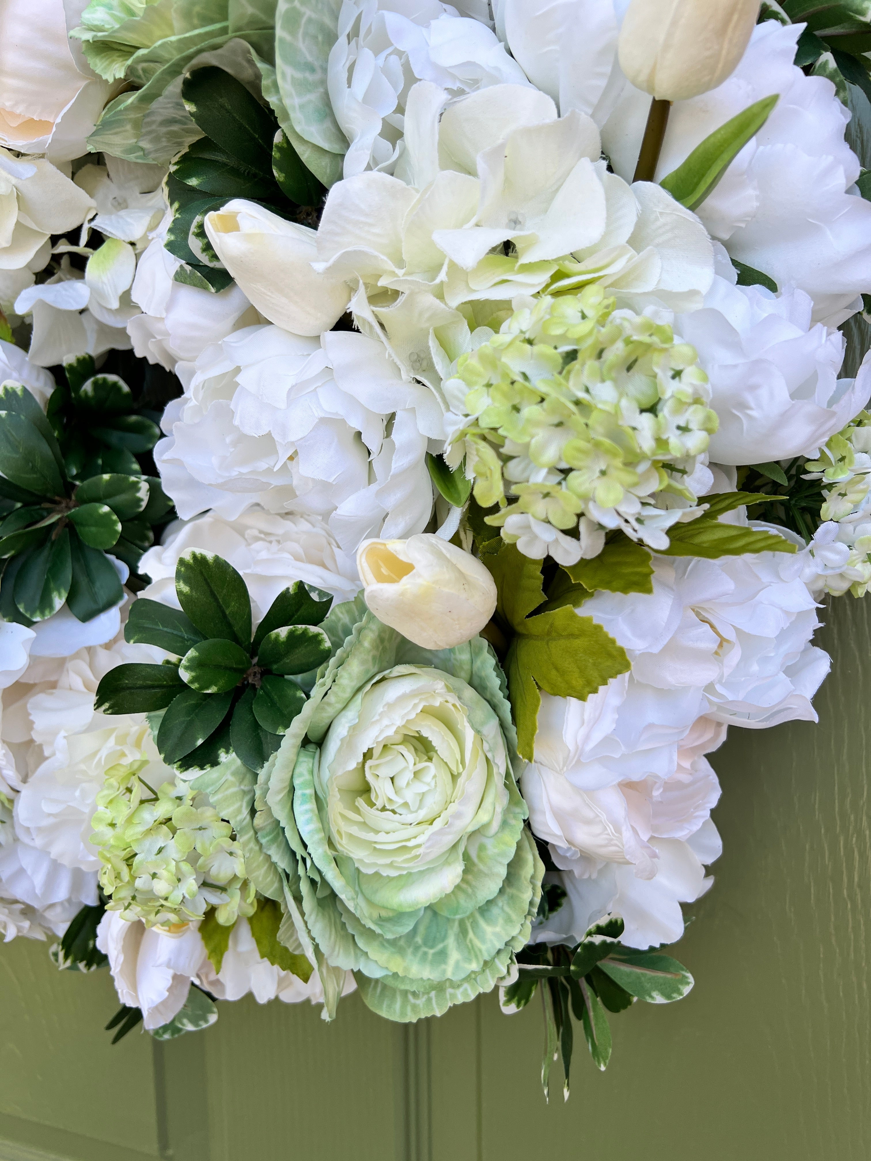 White floral and green cabbage wreath 22”