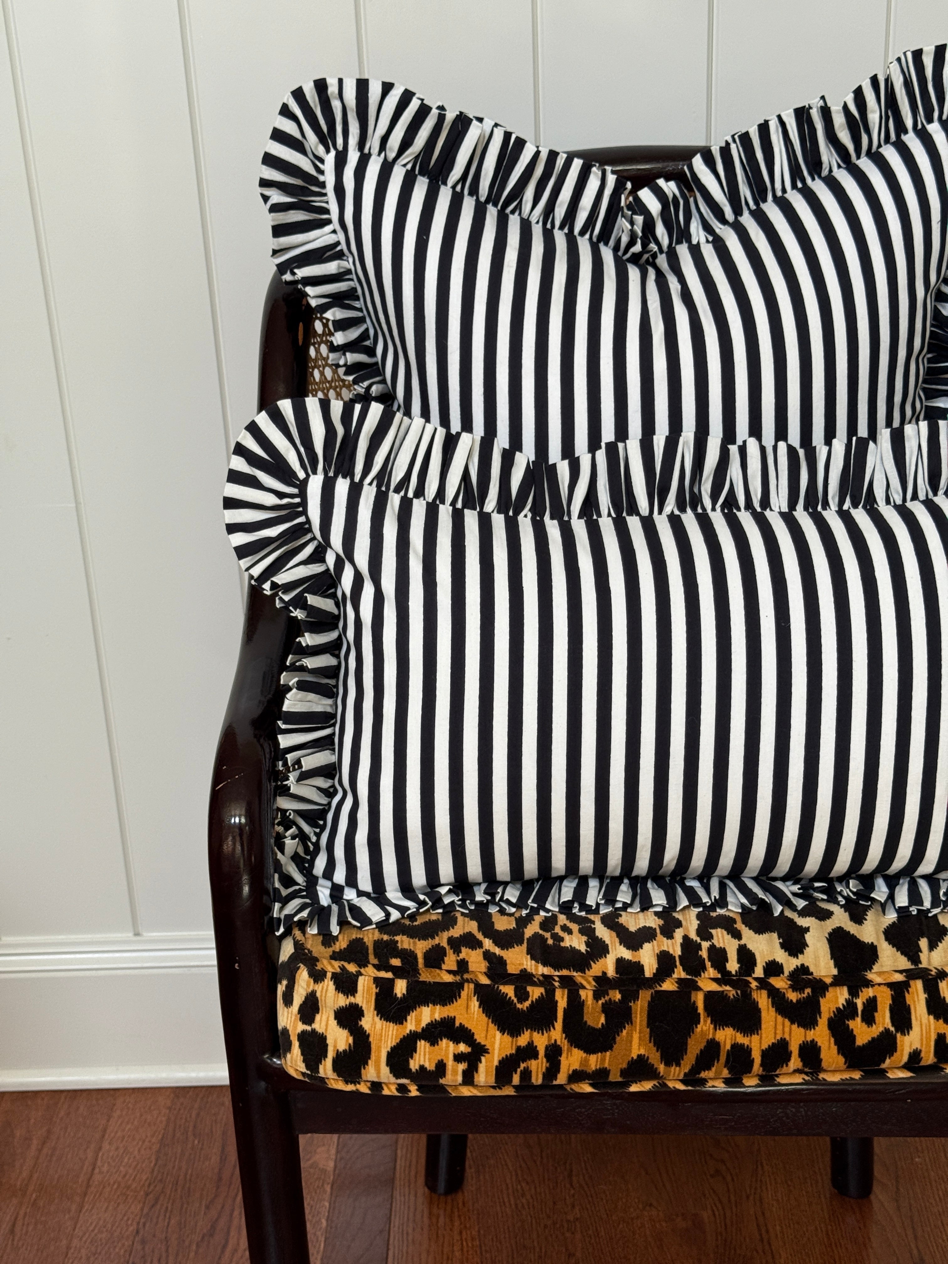 Black and white striped ruffle pillow cover, two sizes