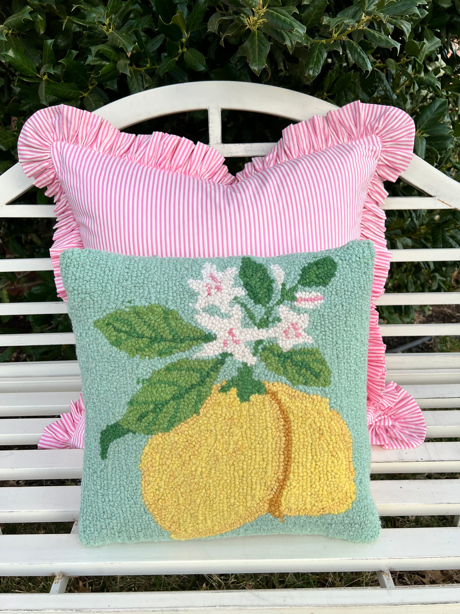 Pink striped ruffle pillow cover