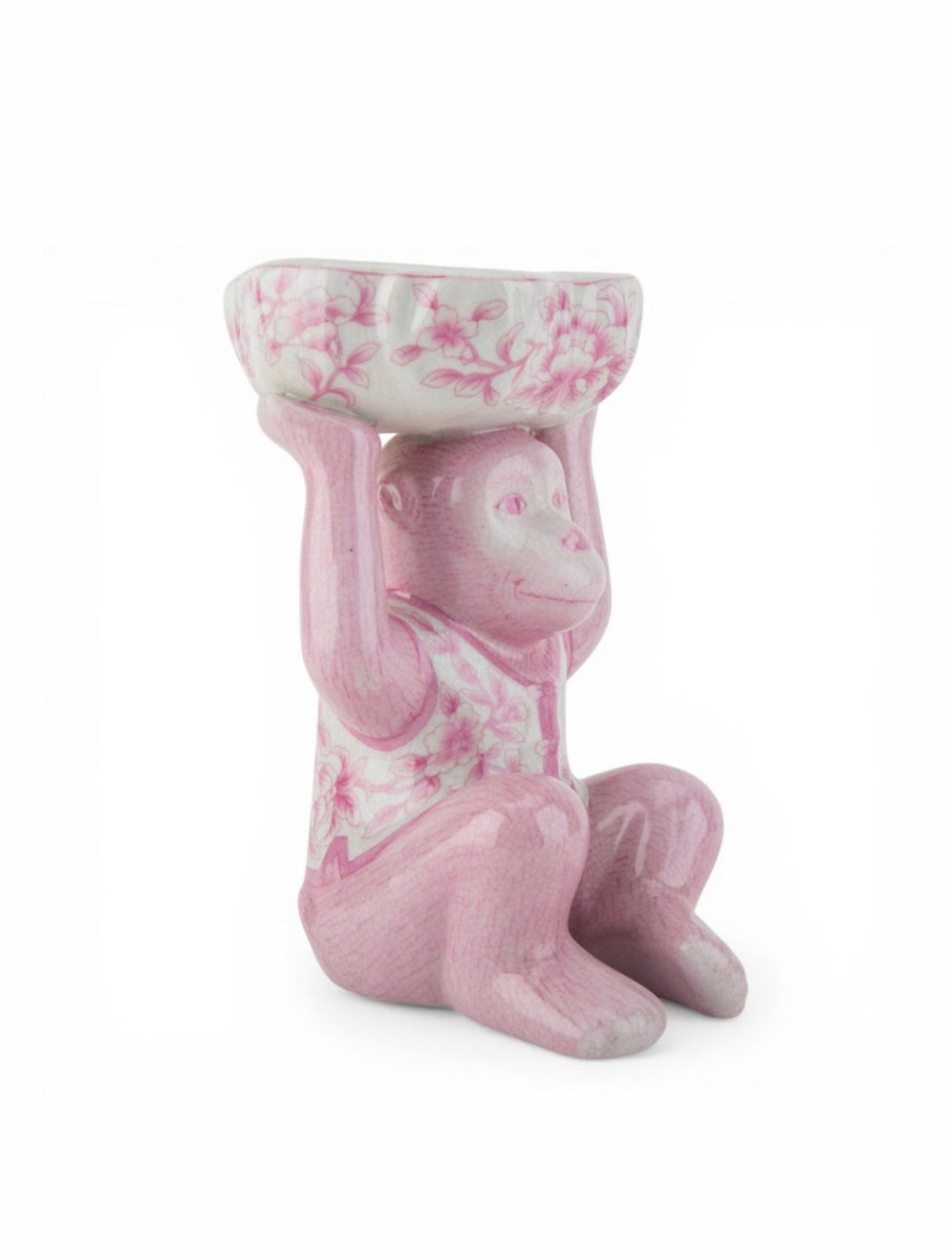 Pink porcelain chinoiserie monkey with lotus bowl