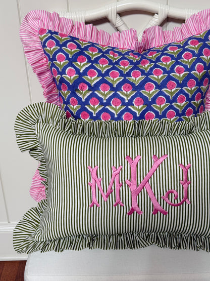 Violet and pink block print floral pillow cover, monogram available