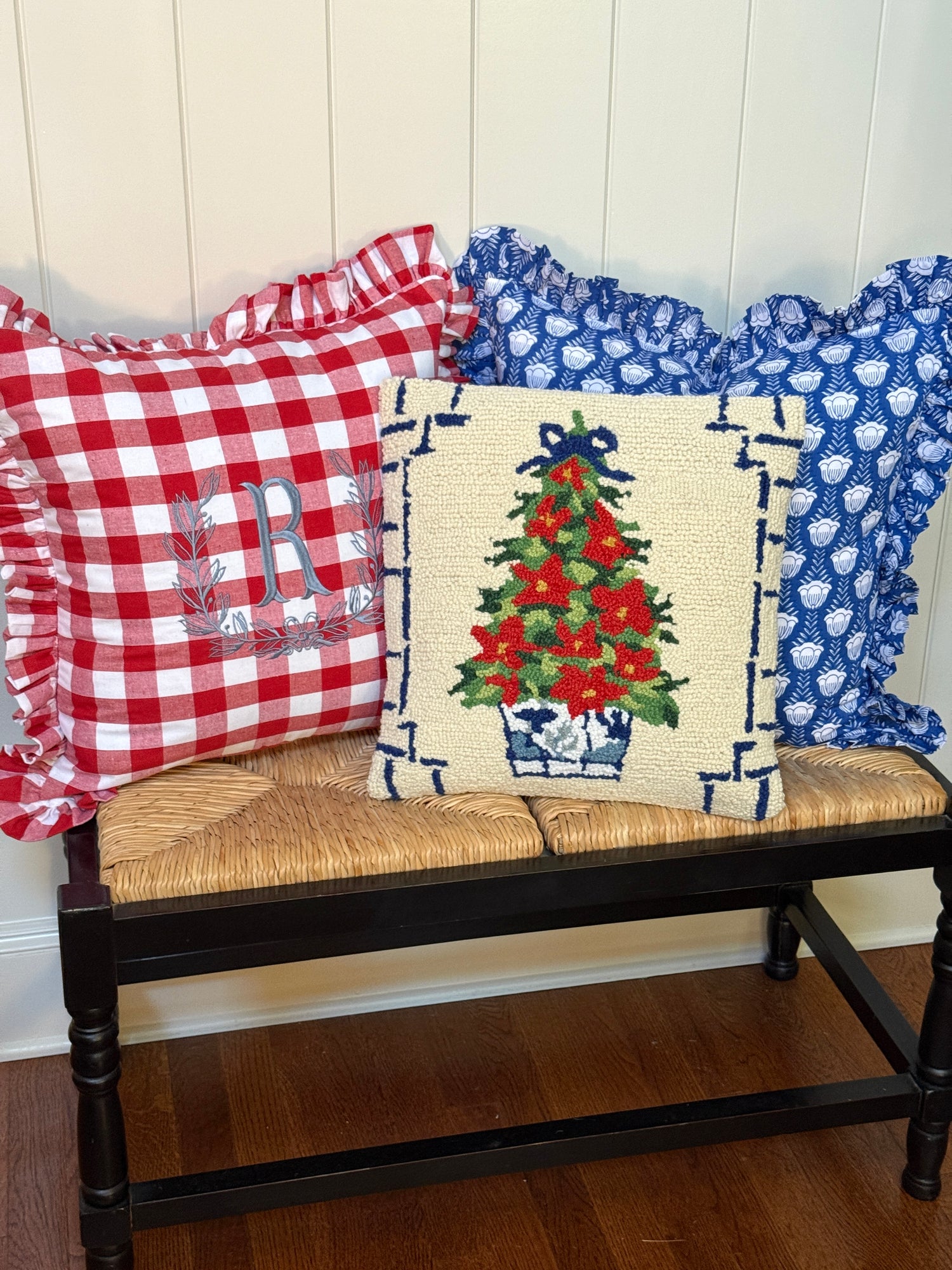 Blue and white tulip block print floral pillow cover, monogram available