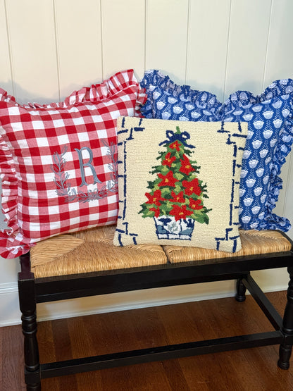 Blue and white tulip block print floral pillow cover, monogram available