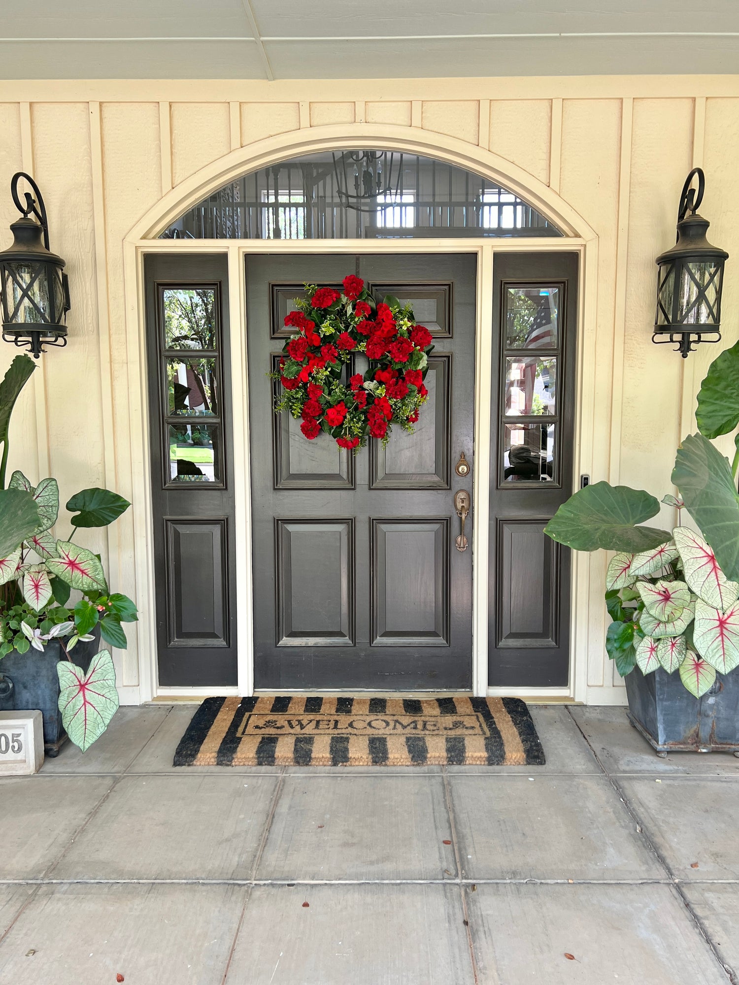 Red geranium and begonia wreath 30”